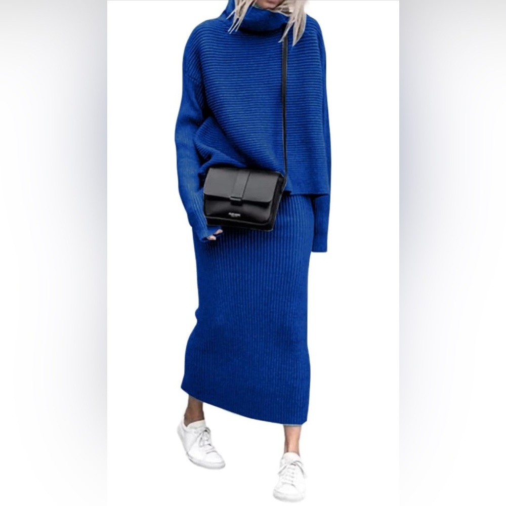 Vibrant Blue Ribbed Knit skirt sweater set